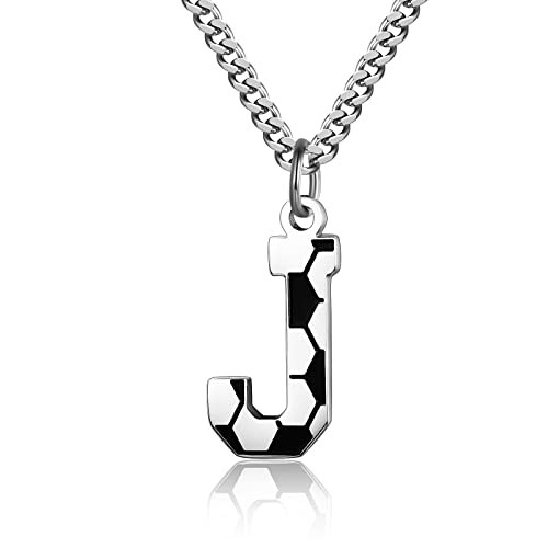 AIAINAGI Soccer Initial A-Z Letter Necklace for Boys Soccer Charm Pendant Stainless Steel Silver Chain 22inch Personalized Soccer Gift for Men Women Girls(J)