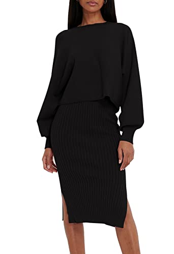 Pink Queen Women's Elegant 2 Piece Skirt Set Long Sleeve Crop Sweater Top Bodycon Party Midi Pencil Dress Black L