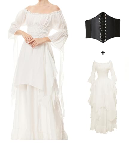 BITSEACOCO Women Medieval Victorian Off Shoulder Dress, Gothic Puff Sleeve Irish Chemise Dresses, Renaissance Costume High Low Long Skirts (M, White)