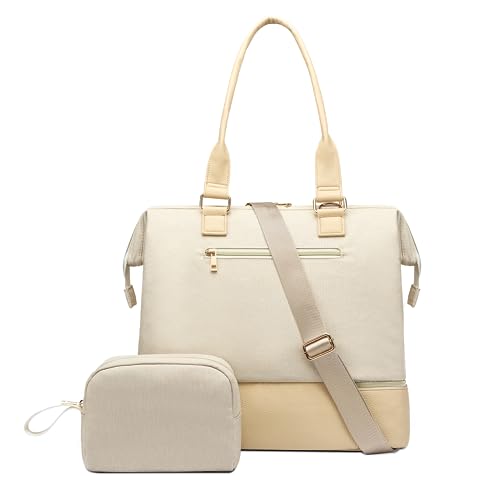 Weekender Bags for Womens,Large Travel Duffel bag with shoe compartment,Carry On Tote with Trolley Sleeve and USB Charging Port,Beige