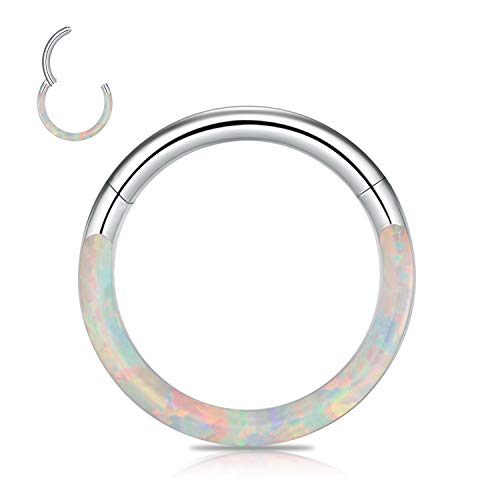 CICIMOTO Opal CZ Nose Ring Septum Hoop, 16G Surgical Steel Cartilage Earring Hoop Hinged Segment Ring Septum Clicker Daith Helix Tragus Conch Piercing Jewelry A-Opal&White