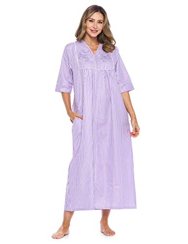 Casual Nights Women's Zip Front Seersucker House Dress 3/4 Sleeves Housecoat Long Duster Lounger - Striped Purple - Large