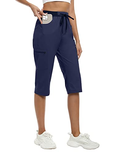 MoFiz Capri Pants for Women Cargo Capris for Women Elastic Waist Quick Dry Lightweight Outdoor Pants Navy Blue Medium
