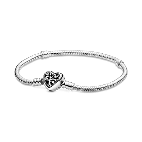 Pandora Moments Family Tree Heart Clasp Snake Chain Bracelet - Compatible Moments Charms - Sterling Silver, Cubic Zirconia & Black Enamel Charm Bracelet for Women - Gift for Her - 7.1'