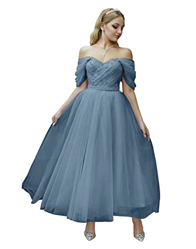 Tulle Tea Length Prom Dresses for Women Off The Shoulder Ball Gowns Teens Sweetheart Beaded Puffy Princess Dress Dusty Blue US14