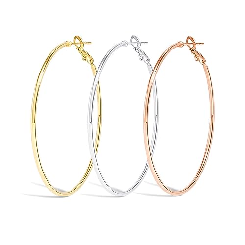 Cocadant 3 Pairs Big Gold Hoop Earrings for Women Girls,Rose Gold Earrings Silver Earrings Set Stainless Steel 14K Gold Plated with Sterling Silver Post Hypoallergenic Thin Hoop Earrings 60mm