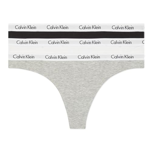 Calvin Klein Women's Carousel Logo Cotton Stretch Thong Panties, 3 Pack, Black/White/Grey Heather, Medium