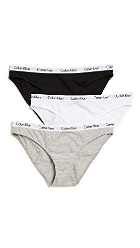 Calvin Klein Women's Carousel Logo Cotton Stretch Bikini Panties, 3 Pack, Black/White/Grey Heather, Medium