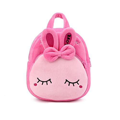 BEFUNIRISE Toddler Backpack for Boys and Girls, Cute Soft Plush Animal Cartoon Mini Backpack Little For Kids 2-6 Year (Bunny Rose)
