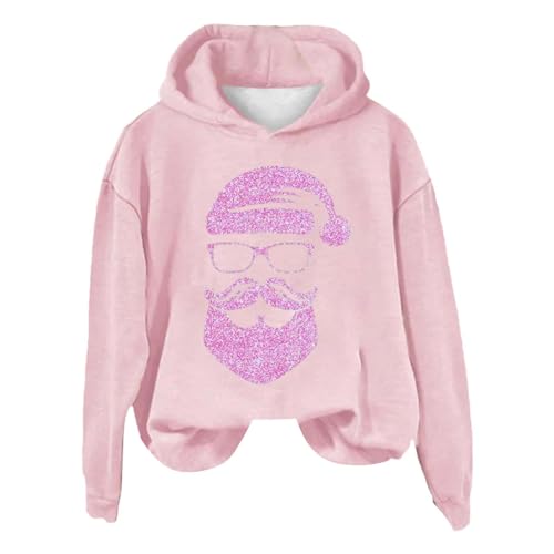 BLUBUKLKUN buffalo plaid Hoodies for Women Pink Christmas Sweatshirt Santa Printed Solid Color Crewneck Loose Long Sleeve Christmas (Pink, XL)