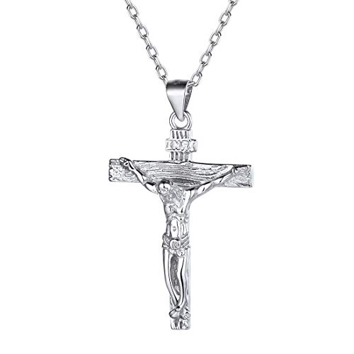 Nofade Silver Cross Necklace for Women Sterling Silver Catholic Jesus Christ on INRI Cross Crucifix Pendant Necklace for Men Boys Religious Chain Christian Jewelry Gift