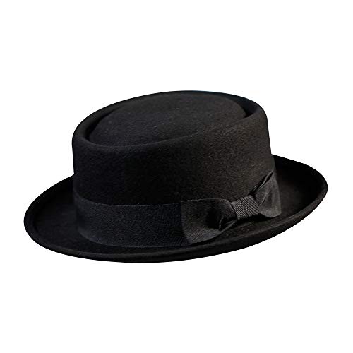 Pork Pie Hats for Men- Black Wool Felt Boater Porkpie Flat Top Derby Women Fedora for Halloween Cosplay