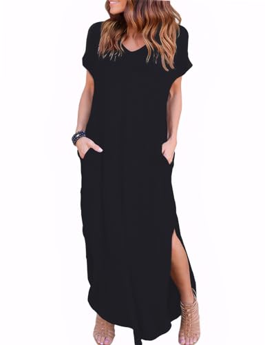 Zilcremo Women Summer Casual Maxi Dress Loose Pockets Short Sleeve Split Boho Dresses Black XL