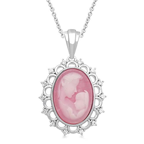 Jewelili Sterling Silver 14x10 MM Oval Shape Pink Cameo and 1.25 MM Round Created White Sapphire Mother and Child Pendant Necklace, 18' Rolo Chain