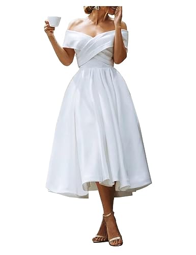 BessDress White Reception Dress for Bride Off Shoulder Engagement Dresses A Line Satin Bridesmaid Dress Tea Length White Size 12