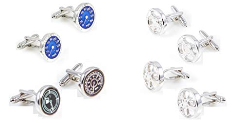 MRCUFF Car Auto Racing Race Steering Wheel Mags Guages 4 Pairs Cufflinks in a Presentation Gift Box & Polishing Cloth