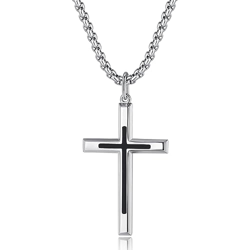 FANCIME Men Women Black Silver Cross Necklaces Sterling Silver Cross Pendant Polished Long Necklace Fine Jewelry Christmas Gift Valentines Day Gifts for Him Boys,Stainless Steel Box Chain Length 24''