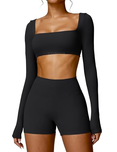 YEOREO Kyla Women Crop Top Long Sleeve Padded Sports Low Medium Impact Yoga Shirt Workout Black L