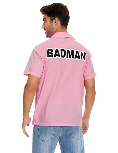 Tuoweey Mens Badman Costume Shirt Short Sleeve Button Down Pink Cosplay Shirt Halloween Costume Top with Pocket (Pink, Large)