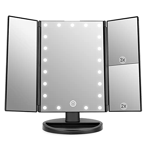WEILY Makeup Mirror with 21 LED Lights,Two Power Supply Modes, Adjustable Touch Screen and 1x/2x/3x Magnification Tri-Fold Vanity Mirror, Gift for Women（Black）