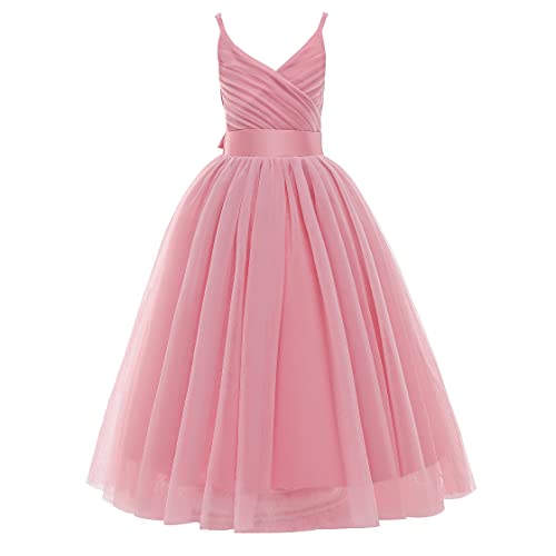 Glamulice Dusty Rose Flower Junior Girl Dress Lace Bridesmaid Long A Line Wedding Pageant Dresses Tulle Spaghetti Strap Kids Formal Dance Dusty Pink Ball Gown Party Ballgown Tag Size 170, US 14-15Y