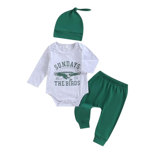 BULINGNA 3Pcs Infant Baby Boy Football Outfit Sundays are for the Birds Eagles Romper Bodysuit Pants with Hat Fall Clothes (Gray+Green, 3-6 Months)