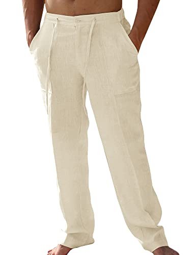 PASLTER Mens Casual Linen Pants Loose Fit Straight-Legs Elastic Drawstring Waist Summer Beach Yoga Long Pants A-beige