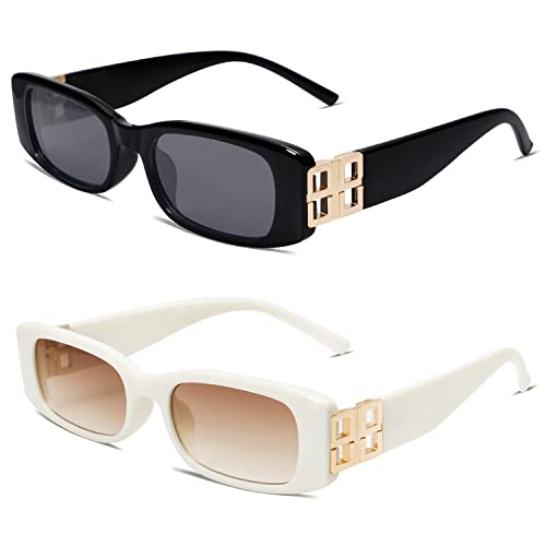 Allarallvr Rectangle Sunglasses for Women 90s Retro Trendy Y2K Classical Vintage Square Shades AR82037(2 Pack DarkBlack+Beige White/Brown)