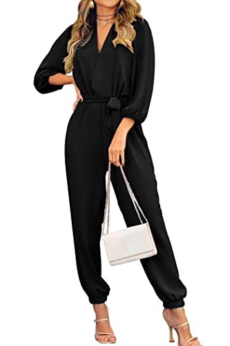 PRETTYGARDEN Women's 2024 Fall Jumpsuits Casual Dressy One Piece Outfits V Neck Long Sleeve Belt Pockets Long Pants Romper (Black,Large)