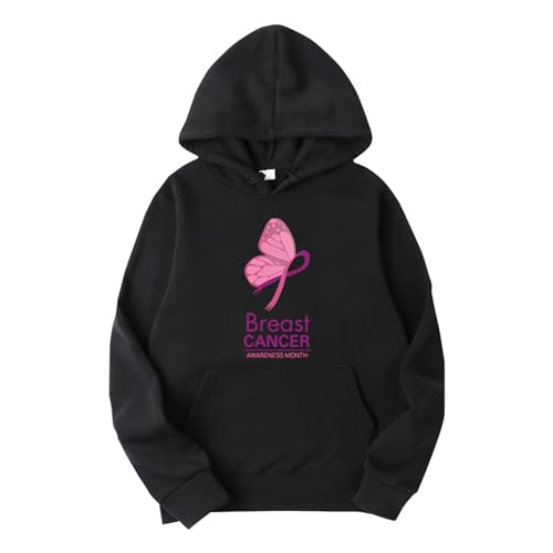 BLUBUKLKUN 2023 Breast Cancer Awareness Sweatshirt Women Long Sleeve Loose Solid Color Pink Ribbon Printing Hoodie (Black-E, XL)