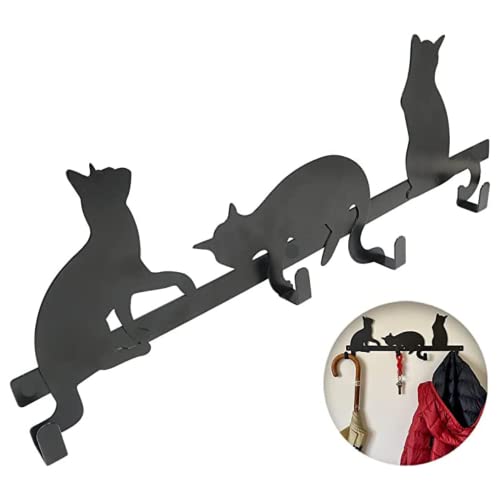 Evelots Wall Mount 4 Hook Towel/Coat Rack Hanger Organizer, Kitty Cat Design-Black Iron-Holds 20 lbs.