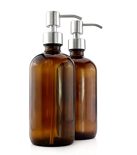 Cornucopia 16-Ounce Amber Glass Bottles w/Stainless Steel Pumps (2-Pack); Lotion & Soap Dispenser Brown Boston Round Bottles for Aromatherapy, DIY