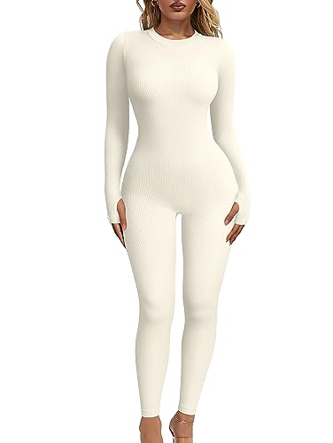OQQ Women‘s Yoga Jumpsuits Ribbed Long Sleeve Crew Neck Tops Sport Jumpsuits Beige