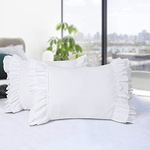 HIG Pack of 2 Farmhouse Ruffle Pillow Shams, Standard Size White French Country Style Vintage Pillowcases with Handcraft Ruffle, Boho Frilly Pillow Shams for Bedroom, Microfiber, 20' X 26' (Emory)