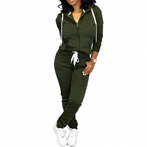 CLOCOR Jogging Suits for Women - Casual 2 Piece Sweatsuit Pocket Tracksuit Long Sleeve with Patchwork Pants Set Army Green-M