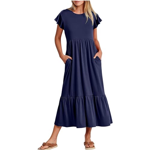 Generic Prime of Day Deals Today 2024 Women Summer Dresses for Women 2024 Trendy Petal Sleeve Tiered Ruffle Solid Beach Maxi Dresses Casual Dressy Crewneck Dress Sundress Navy XL