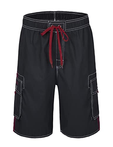 Nonwe Men's Beachwear Board Shorts Quick Dry with Mesh Lining Swim Trunks Black with Red Strap 34