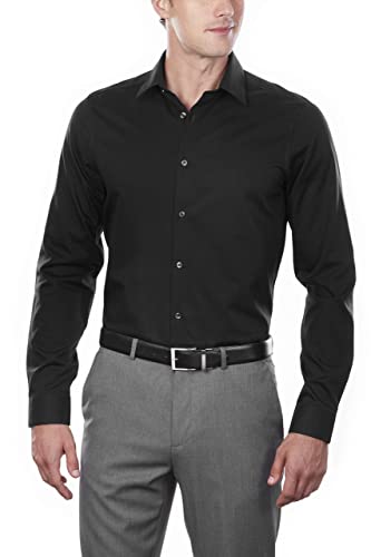 Calvin Klein Men's Dress Shirt Slim Fit Non Iron Herringbone, Black, 17.5' Neck 34'-35' Sleeve (X-Large)