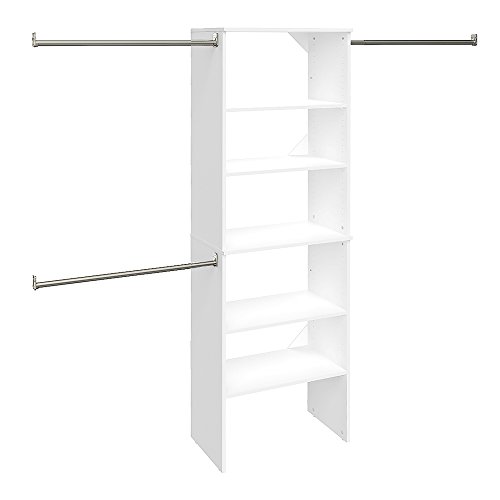 ClosetMaid SuiteSymphony Wood Closet Organizer Starter Kit Tower and 3 Hang Rods, Shelves, Adjustable, Fits Spaces 5 – 10 ft. Wide, Pure White, 25'
