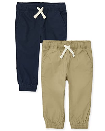 The Children's Place Baby Boys' and Toddler Stretch Pull on Jogger Pants, Flax/New Navy 2 Pack, 5T