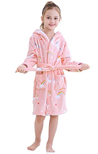 Robe for Girls, Soft Thick Fleece Plush Cover up Hooded Spa Flannel Bathrobe for Toddler Little & Big Girls, Rainbow-Pink, US 4 Years, CN 120