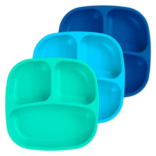 Re Play 7' Divided Toddler 3 Pack Plates with Deep Sides and Three Compartments for Easy Self Feeding - BPA Free - Dishwasher Safe - A True Blue