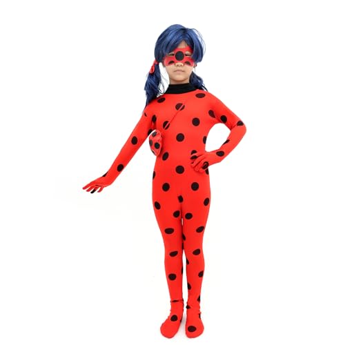 CUPDOVE Kids Spandex Cosplay Jumpsuit Halloween Little Ladybug Costume with wig,Bag Eyemask (Small【4-6】)