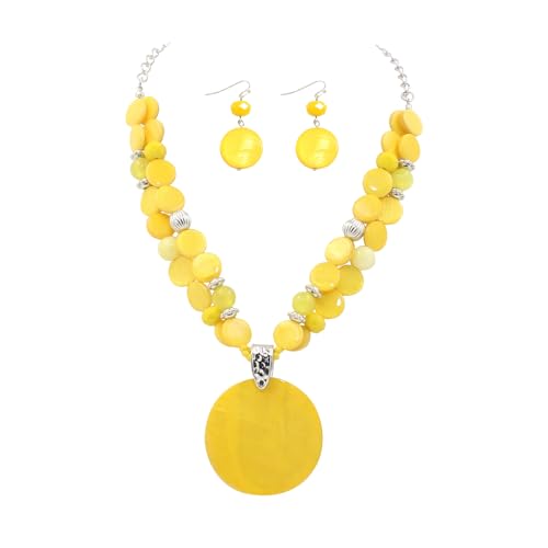 Xalroco Yellow Layered Beads Statement Necklace for Women Big Colorful Glass Stone Circle Shell Pendant Necklace and Earring Set for Women