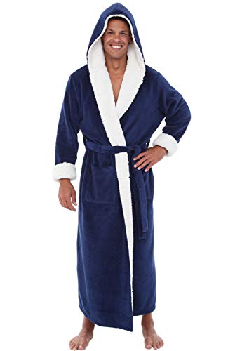 Alexander Del Rossa Men’s Robe, Big and Tall Plush Fleece Hooded Bathrobe with Two Large Front Pockets and Tie Closure, Navy Blue with Sherpa, Large-XL