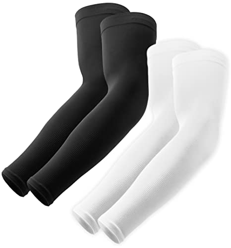 OutdoorEssentials UV Sun Protection Arm Sleeves - Cooling Compression Arm Sleeve - Sports & UV Arm Sleeves for Men & Women, 1 Pair Black, 1 Pair White