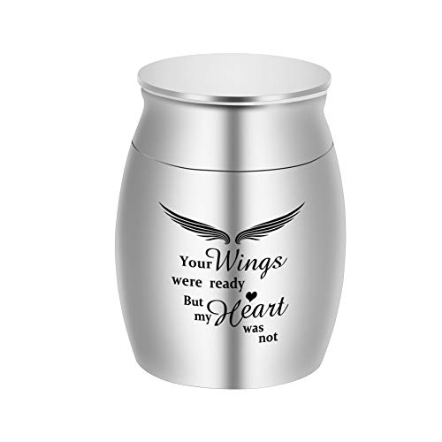 Dletay Small Keepsake Urns for Human Ashes 1.57 Inch Mini Cremation Urns for Ashes Stainless Steel Memorial Ashes Holder-Your Wings were Ready, But My Heart was Not
