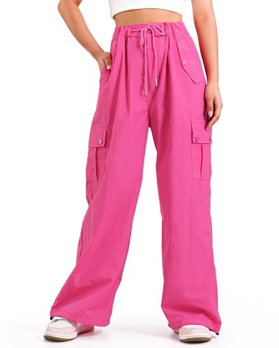 KEREDA Cargo Pants for Girls Parachute Baggy Joggers Pants Kids with Pockets 11-12Y Rose Red