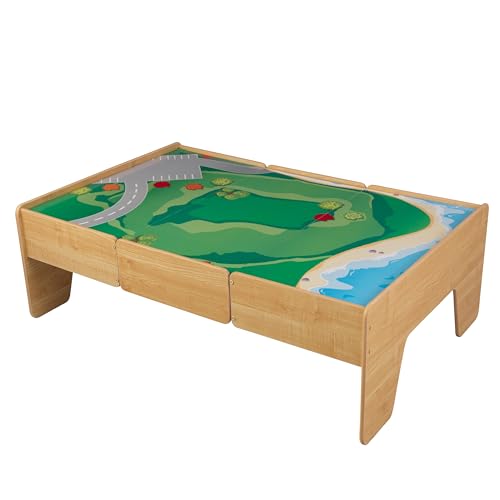 KidKraft Double-Sided Wooden Train and Activity Table with Built-in Storage Drawer, Natural, Gift for Ages 3+