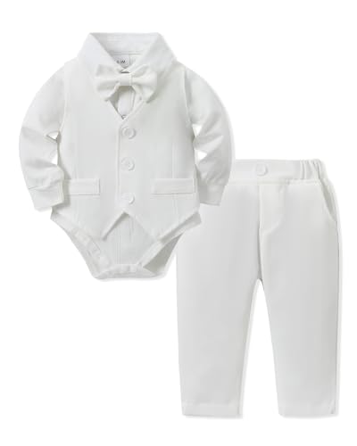 YALLET Baby Boy Clothes Suit Infant Boy Gentleman Outfits, Dress Shirt+Bowtie+Vest+Pants Set Wedding Party Suits(White, 0-3 Months)